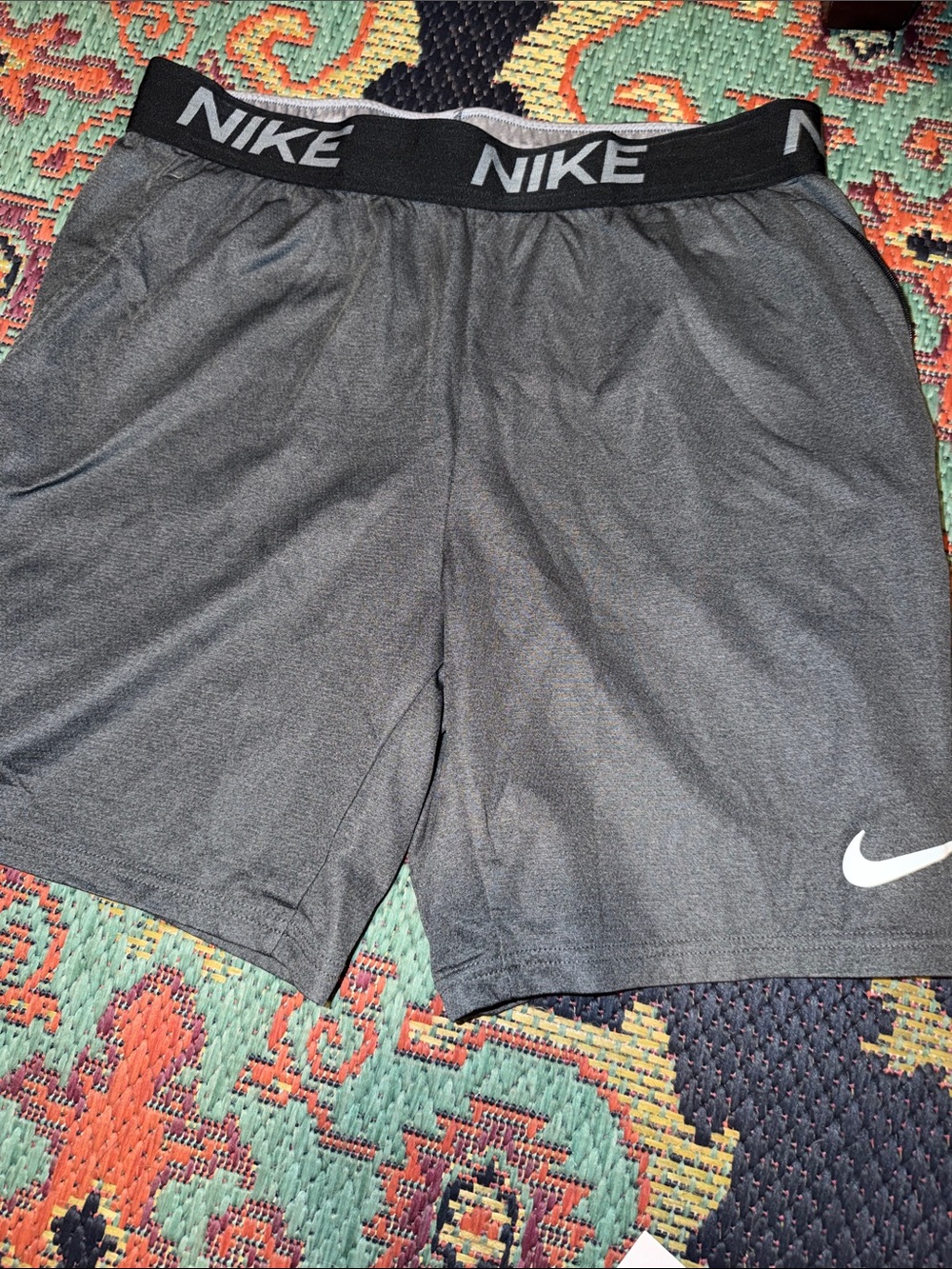 Nike Men’s Black-Gray Athletic Shorts with White Swoosh